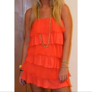 Coral Layered Wrinkled Ruffle Strapless Tube Dress